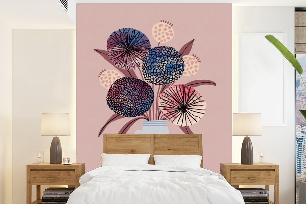 MuchoWow Fototapete für Wohnzimmer oder Schlafzimmer Wandtapete Vinyl Motivtapete Blumen - Pastell - Vase - Pflanzen - 195x260 cm - Wandbild