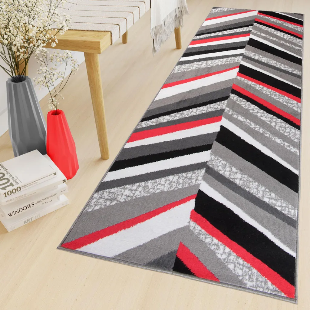 Tapis MAYA Design Géométrique Rouge et Gris 100x240 cm Durable et Doux