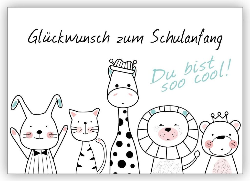 4x Süße Glückwunschkarte zur Einschulung mit jubelnden Tieren: Glückwunsch zum Schulanfang Du bist sooo cool!