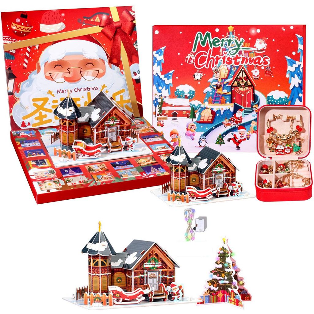 Adventskalender 2025 Kinder Mädchen, 1 Lichterkette, 2 einfache Armbänder, 1 3D-Puzzlehaus, 1 3D-Weihnachtsbaum, 22 Accessoires