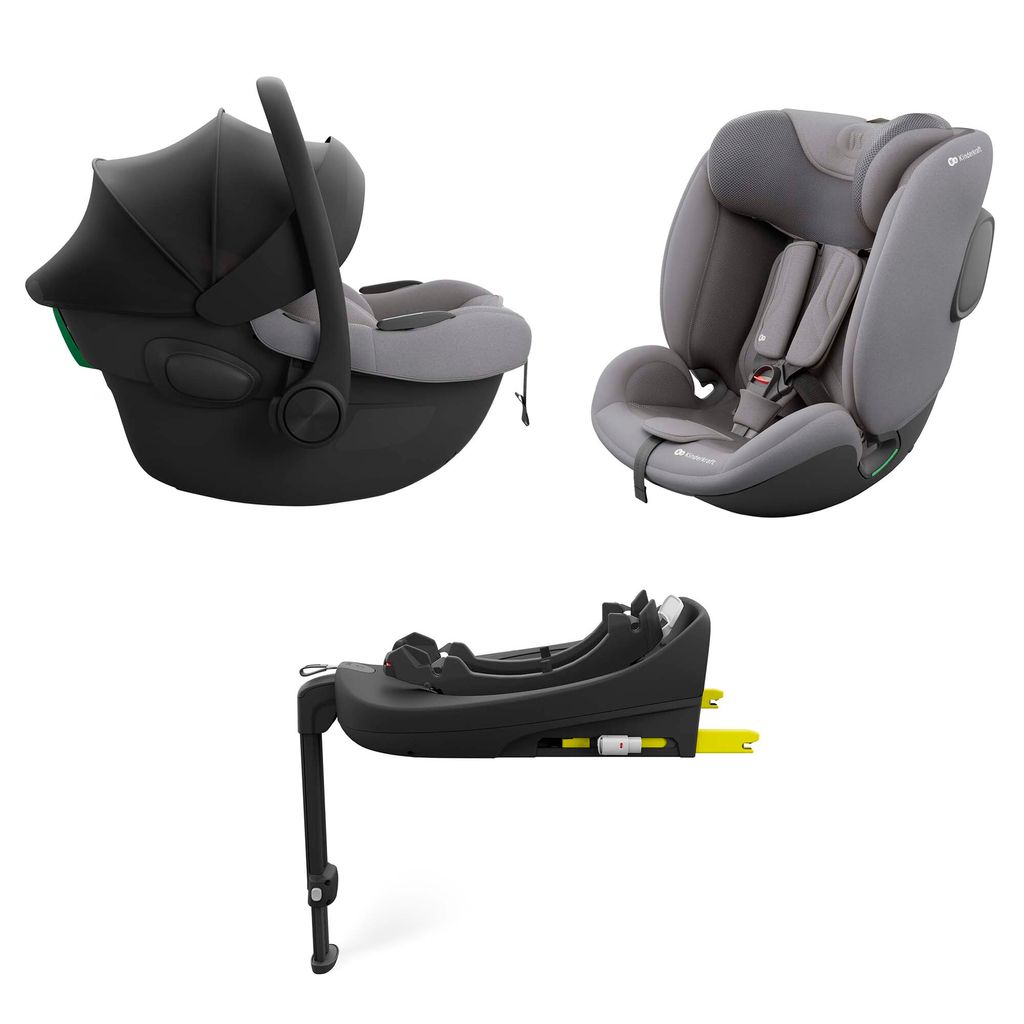 A modular car seat system with a baby car seat, a toddler car seat, and a base, all shown against a white background.
