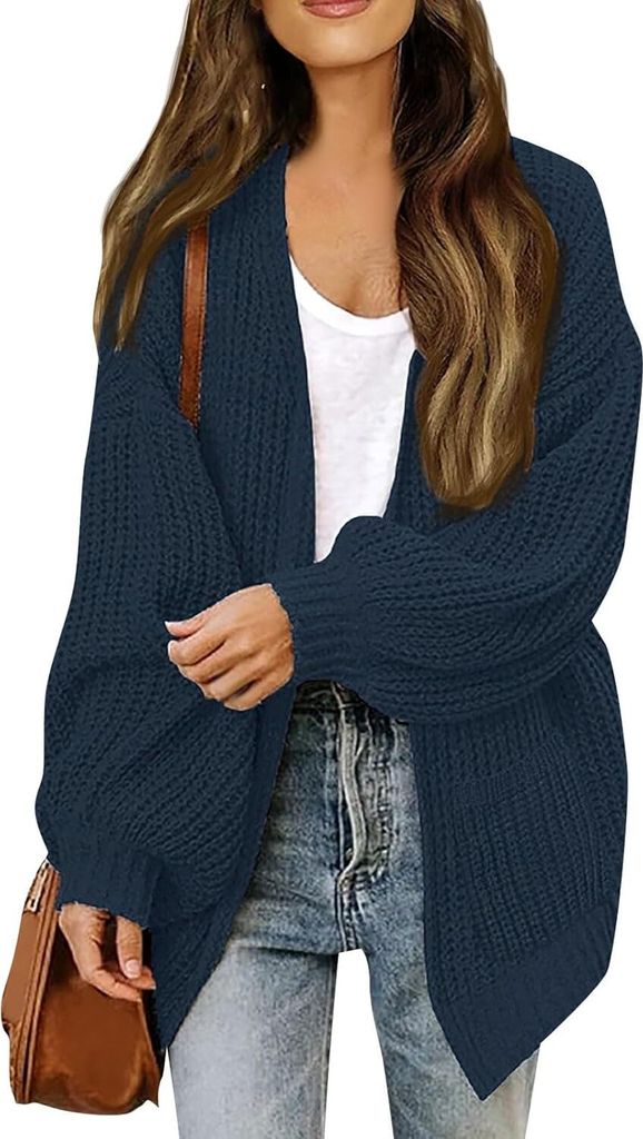 ASKSA Damen Cardigan Strickjacke Offene Front Strickpullover Elegant Laternenaermel Einfarbig Oversized Casual Strick Cardigan Strickmantel,Dunkelb...
