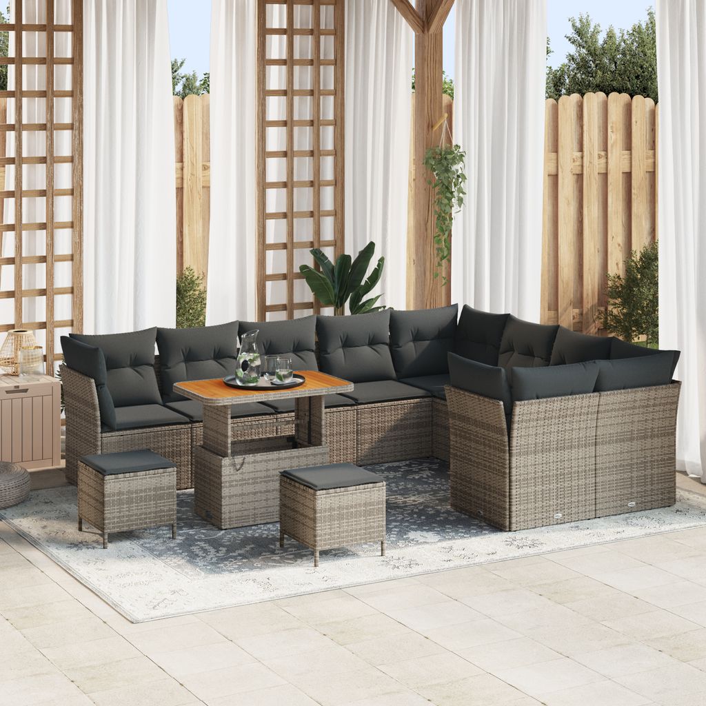 Desgin 12-teiliges Garten-Sofa-Set mit Kissen Grau Poly Rattan Akazie - Gartensofas 3363478