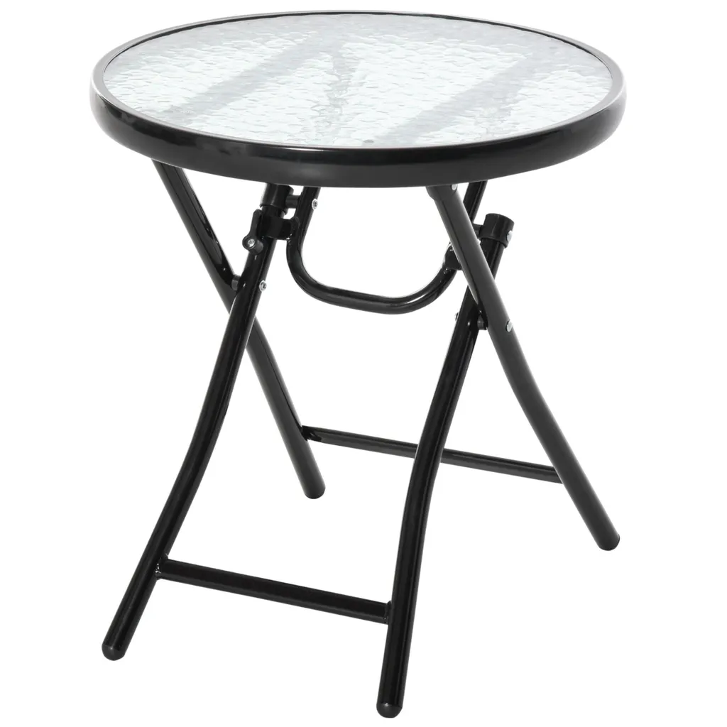 Petite table pliante ronde pour terrasse et balcon plateau verre noir 45 cm