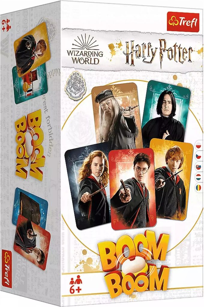 The image shows the packaging of a Harry Potter themed card game, with various character cards displayed.