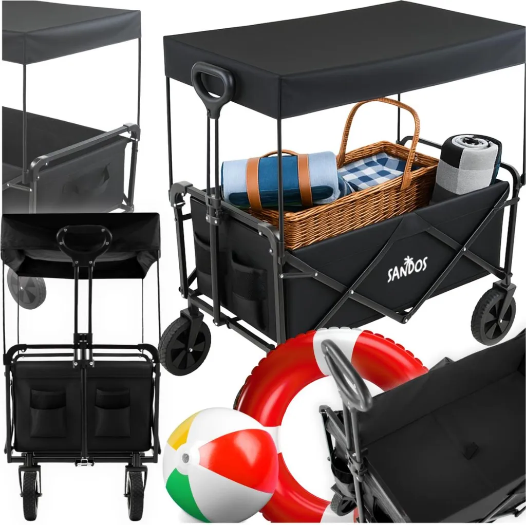 Rimorchio Spiaggia Pieghevole Nero 100kg con Tettuccio | Carrello Vacanze