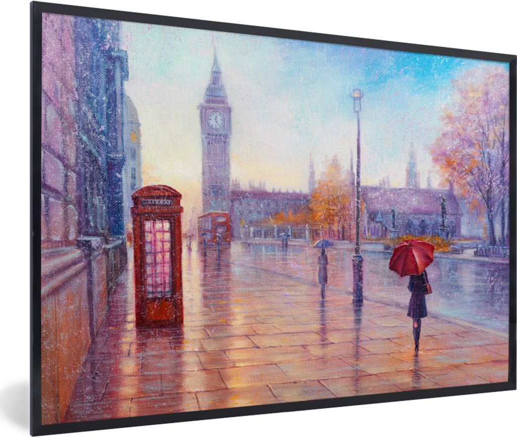MuchoWow Gerahmtes Poster Malerei - Ölgemälde - London - Telefon 30x20 cm - Poster mit Schwarzem Bilderrahmen Wandposter Rahmen Foto Bilder - K...