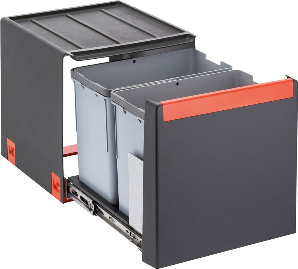 A pull-out trash bin system with two compartments.