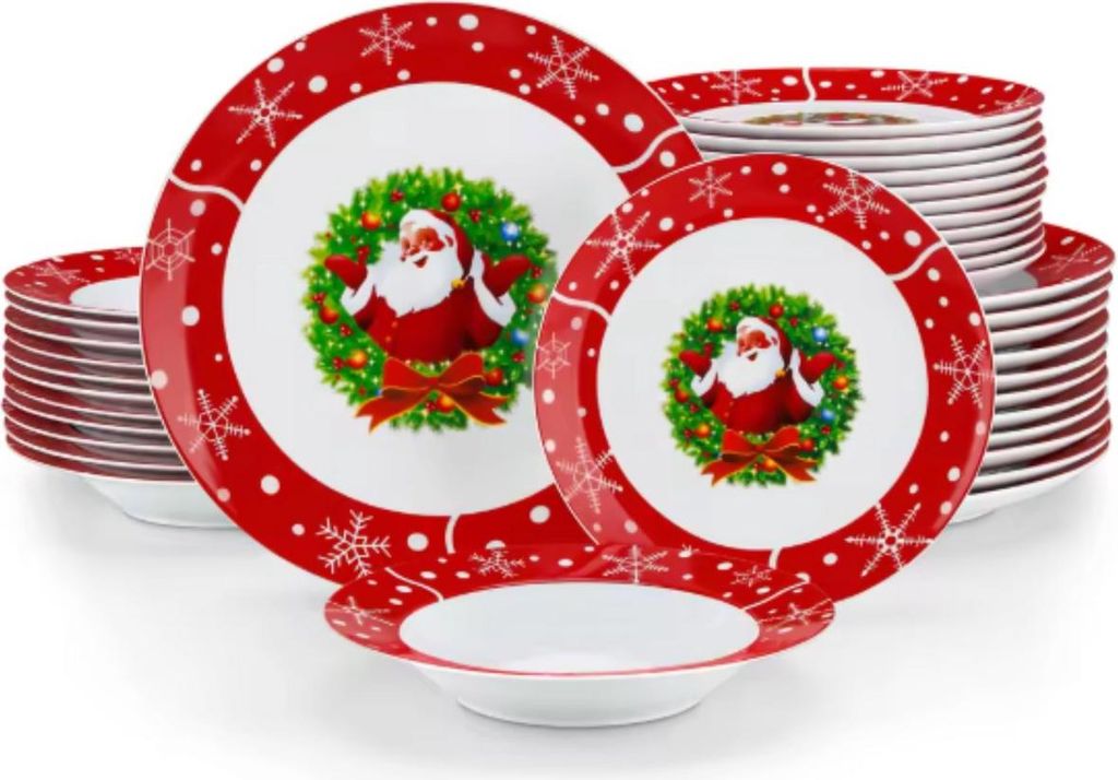 Weihnachten Tafelservice – 12 Personen – 36-teilig – Keramik – Essteller & Frühstücksteller – Weiß/Rot