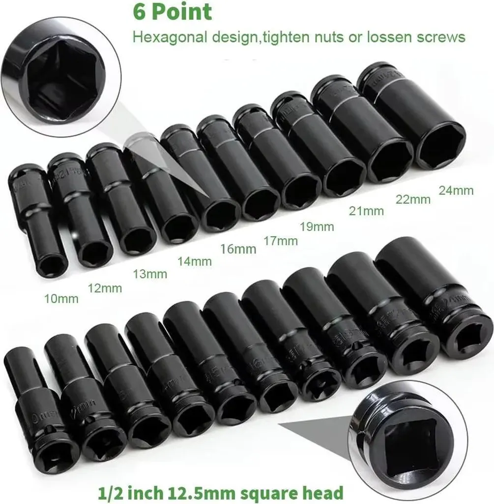 Bussole Lunghe 1/2 Pollice Verdi 10-24mm | Set 10 Pezzi Cr-V per Impulsi - 7