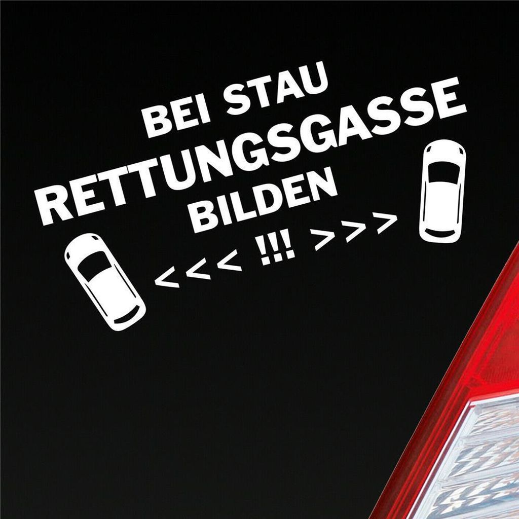 Auto Aufkleber Bei Stau Rettungsgasse bilden! Feuerwehr Leben retten 19x9 cm Weiss Matt Sticker Heckscheibenaufkleber