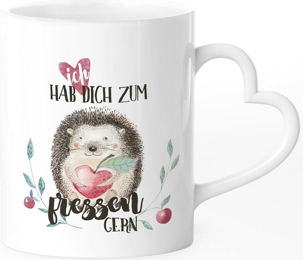 Tasse mit Herz-Henkel Spruch Ich hab dich zum fressen gern Igel Motiv Geschenk-Idee Valentinstag Liebe Freund/Freundin/Partner SpecialMe weiß He...
