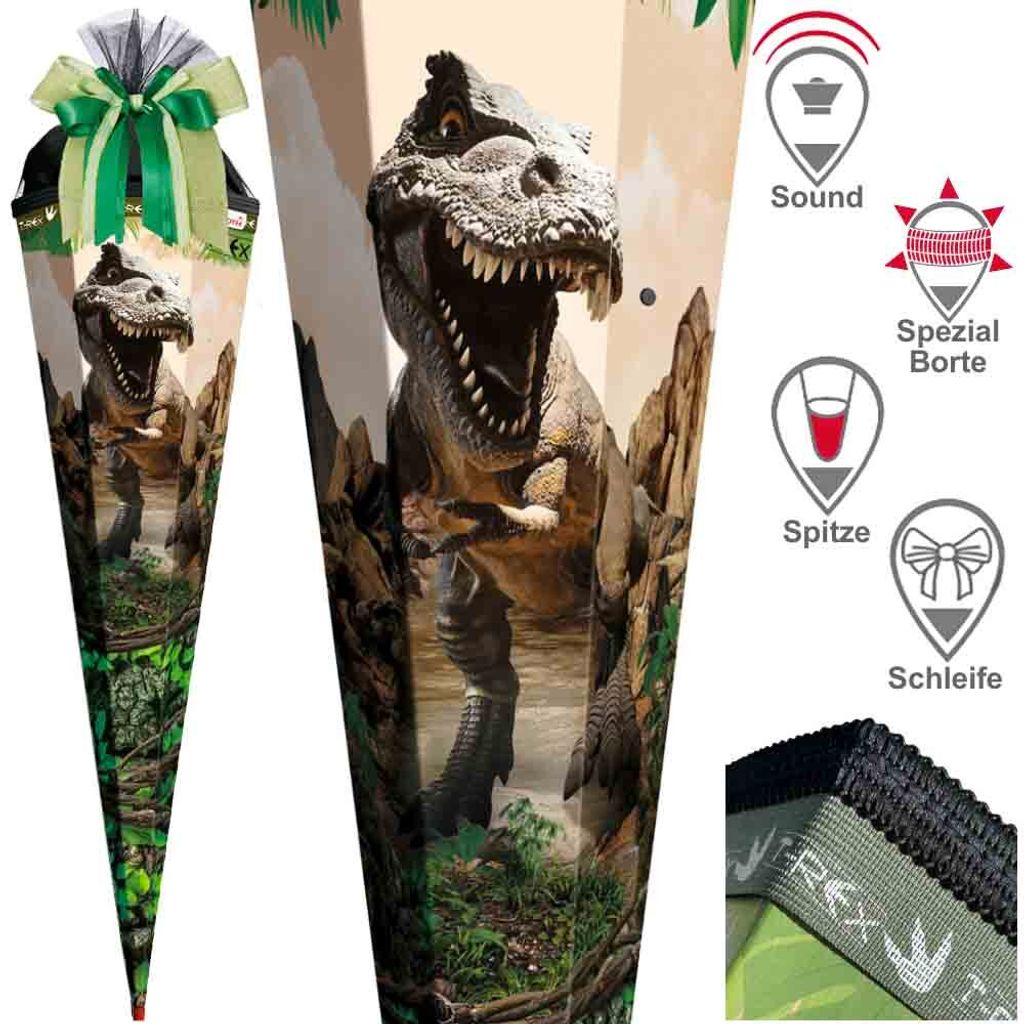 Roth Schultüte 85 cm Jungen Exklusiv Set, Motiv / Ausführung:T-Rex Schleife Sound Spitze