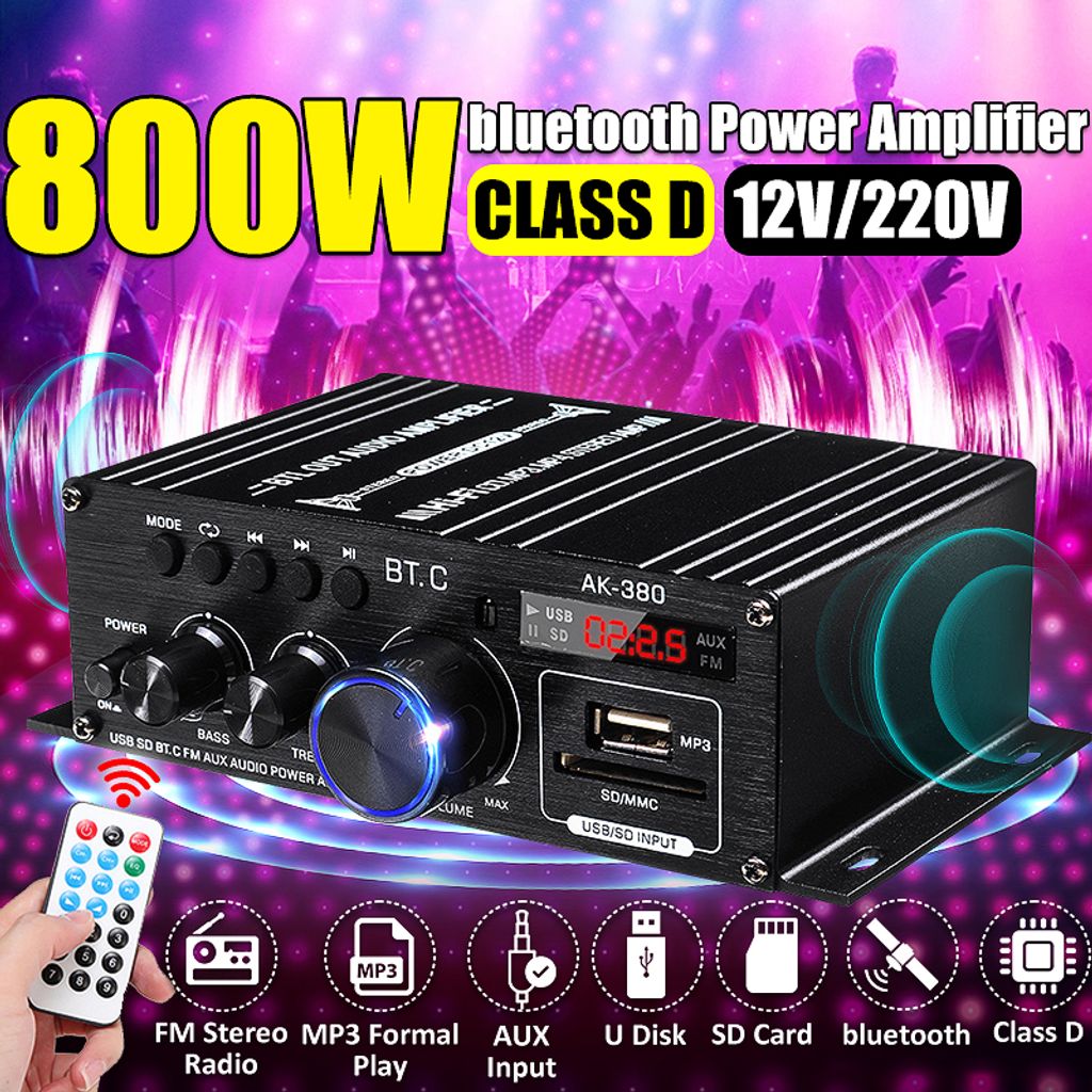 800W HiFi Bluetooth Audio Auto Amplifier Verstärker Stereo USB FM SD 12V/220V DE 