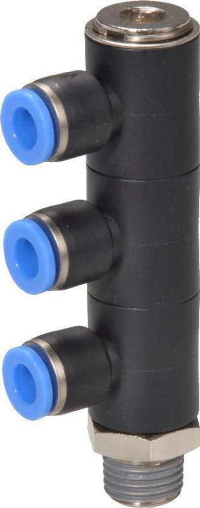 L-Steckverteiler 3-fach mit Hohlschraube, Schlauch 6mm, Gewinde R1/8a, STVS-QLCK3-R1/8a-6-KU-SBR-V1-M120