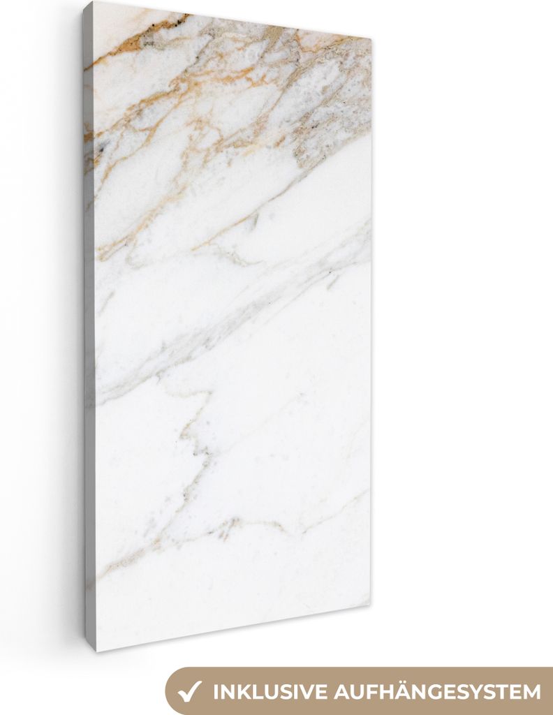 MuchoWow - Leinwandbilder - Marmor - Stein - Weiß - Gold - Marmoroptik - Stein - Luxus, Wandbild, Wanddeko Bilder Wohnzimmer, 40x80 cm