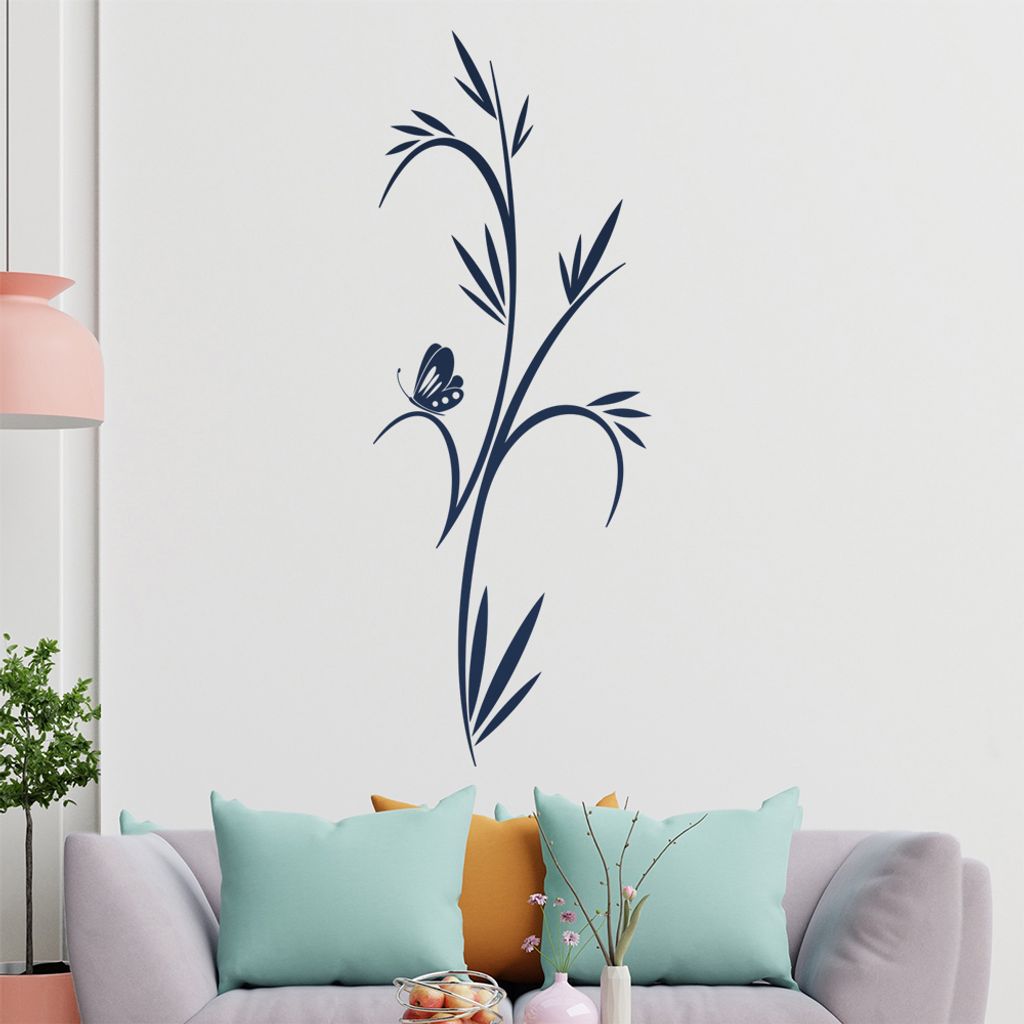 kleiner Schmetterling - Pflanze - Bambus Wandtattoo in 6 Größen - Wandaufkleber Wall Sticker - Dekoration, Küche, Wohnzimmer, Schlafzimmer, Bade...