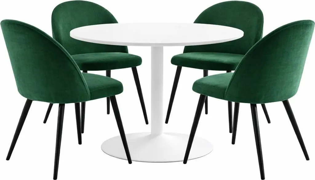 Table ronde Ø110cm et chaises en velours vert pour salle à manger