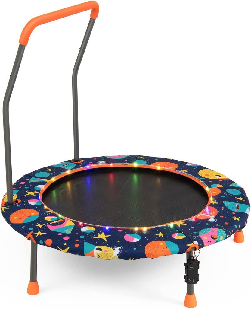 GOPLUS Ø92cm Kindertrampolin LED, Mini Trampolin mit Griff Abnehmbar & Sicherheitspolster, Fitness Trampolin rutschfest von 3-6 Jahren