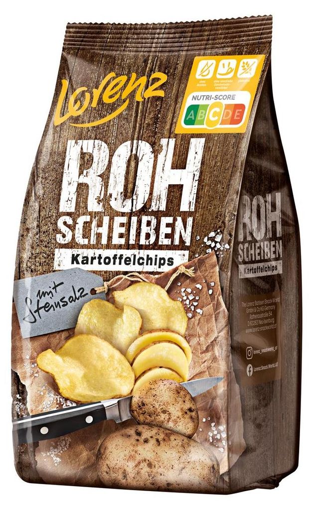 Verpackungsbild Lorenz Rohscheiben Kartoffelchips Steinsalz im Kessel geröstet 120g