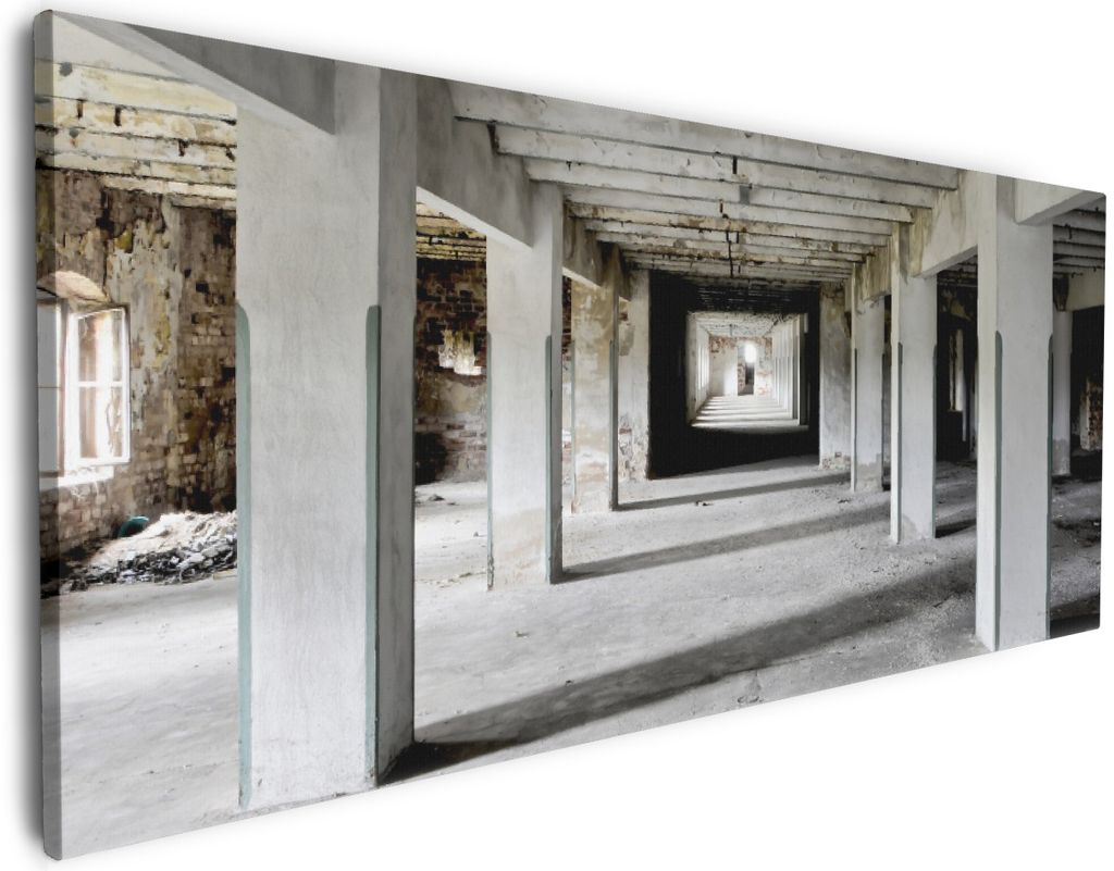 Wallario Premium Leinwandbild Alte Industriehalle - einsame Lagerhalle einer Brauerei in Größe 80 x 200 cm