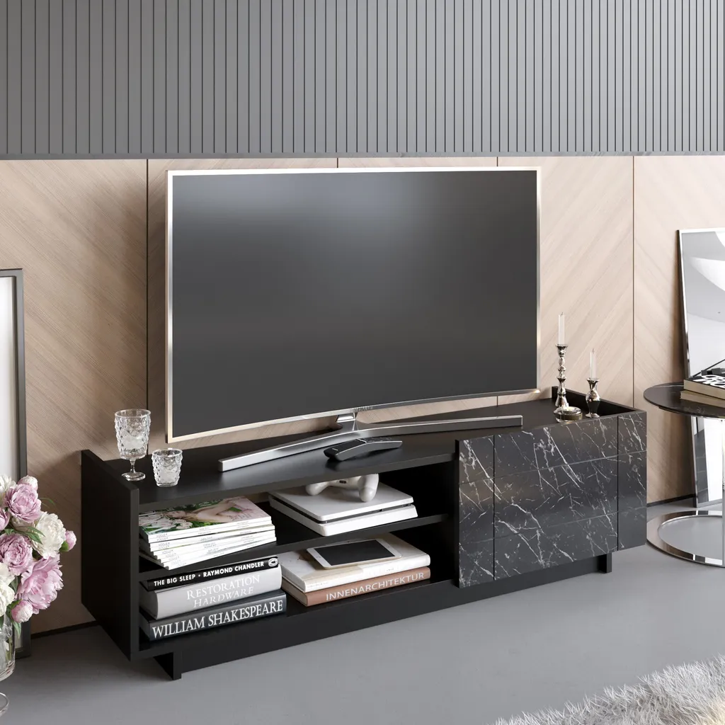 Meuble TV Noir Valantina - Support de Télévision Design Moderne 140cm