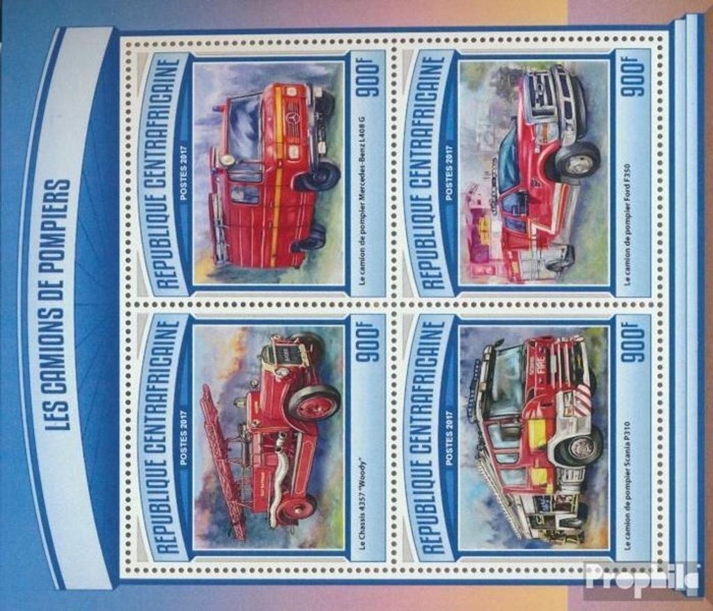 Briefmarken Zentralafrikanische Republik 2017 Mi 6780-6783 Kleinbogen (kompl. Ausgabe) postfrisch Feuerwehrfahrzeuge
