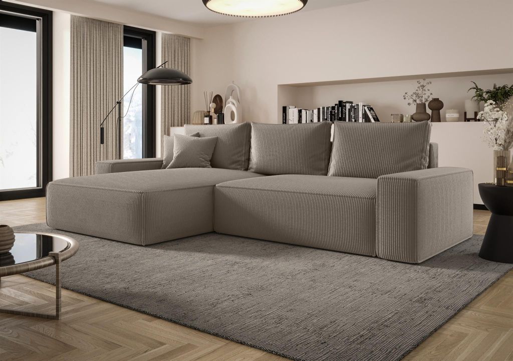 Ecksofa Schlafsofa Sofa WALKEN Stoff Poso Hellbraun Ottomane Links