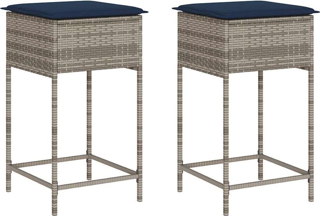 vidaXL Garten-Barhocker mit Kissen 2 Stk. Grau Poly Rattan