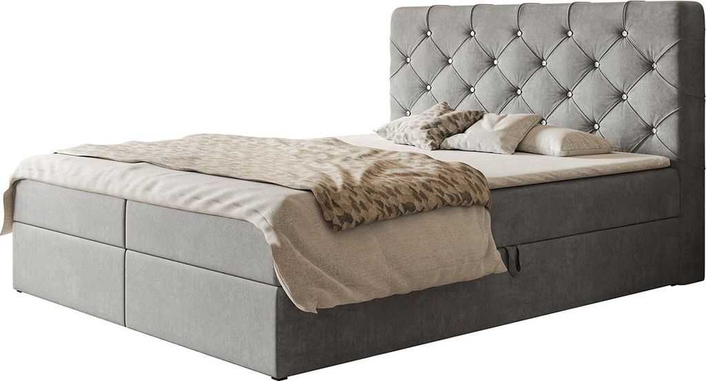 Boxspringbett BOSTON mit 2 Bettkästen, Polsterbett Maße: 160x200, Farbe: Grau, Velourstoff, Doppelbett mit Bonell-Matratze