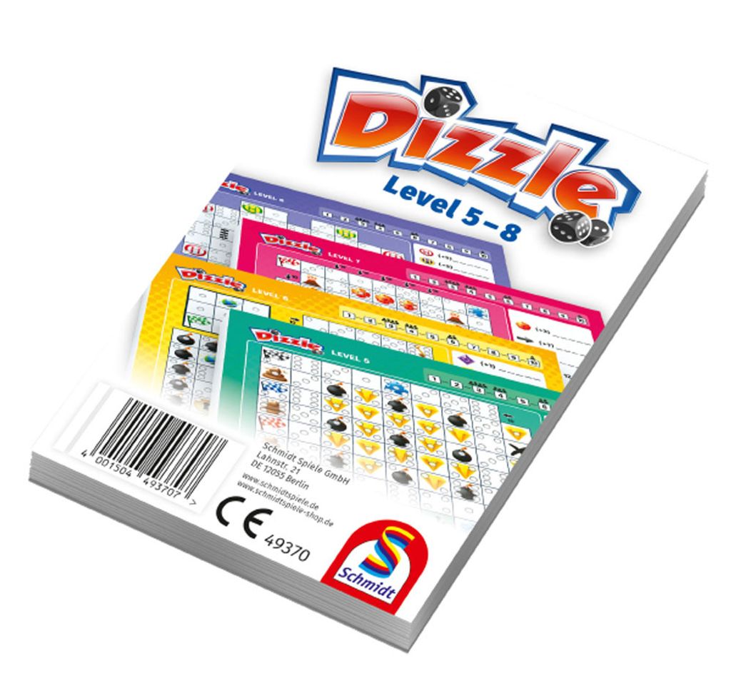 A stack of game cards for Dizzle, Level 5-8, with the game title prominently displayed.