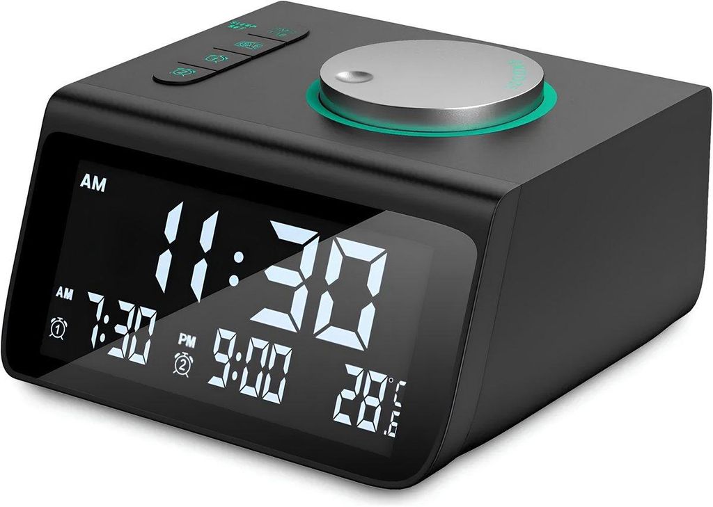 A black digital alarm clock with a large display showing the time, date, and temperature.