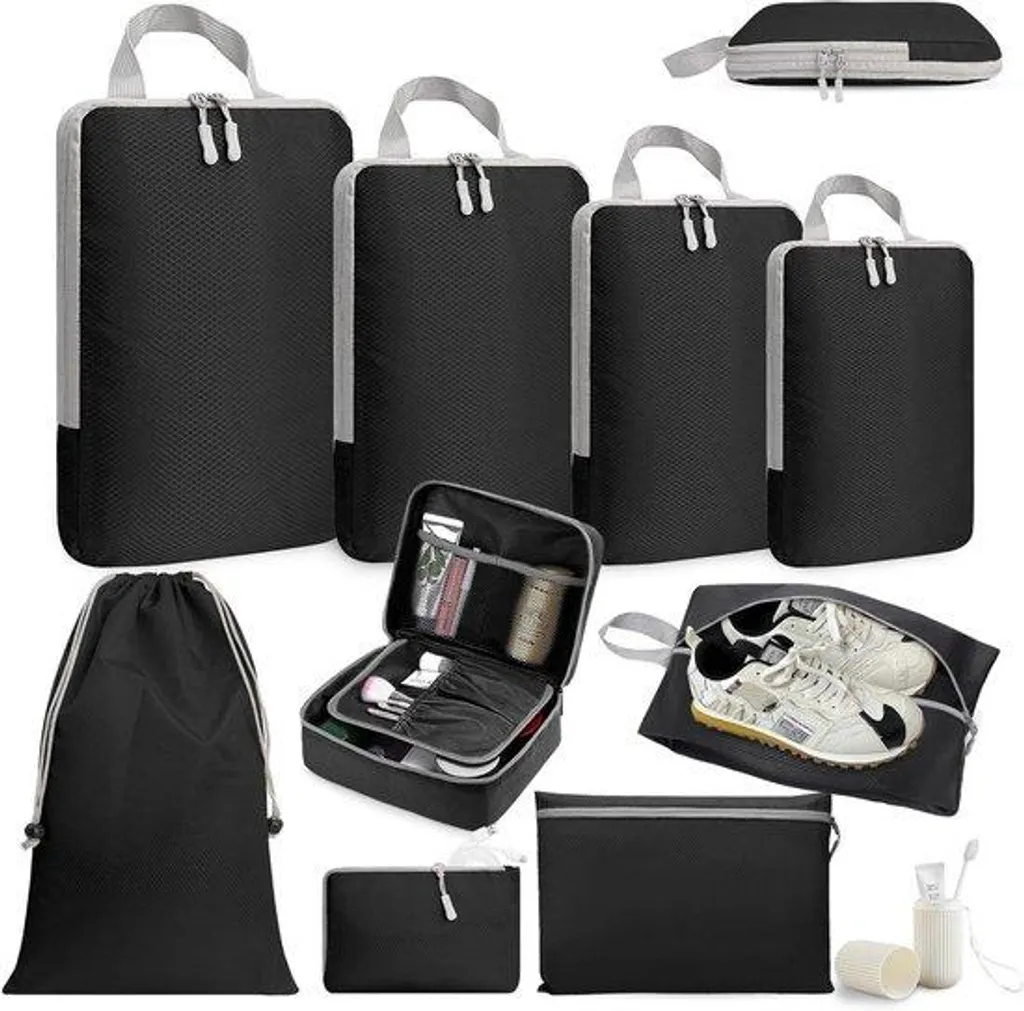 Cubes de Voyage pour Valise Cabine Lot de 10 Sacs de Rangement Noirs
