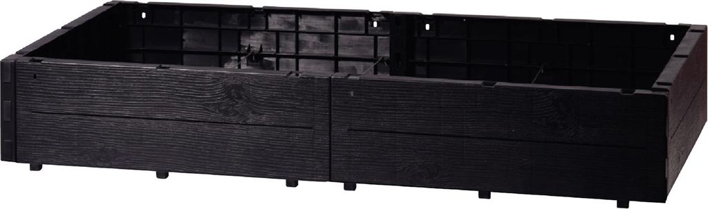 A black, modular raised garden bed.