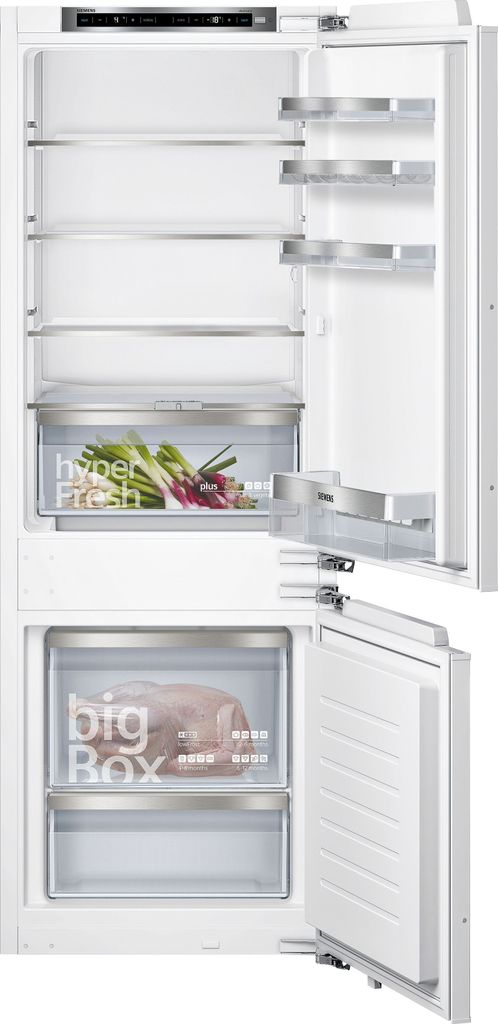 The interior of a white refrigerator with the door open, showing shelves and drawers.