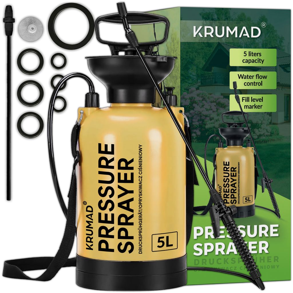 KRUMAD Drucksprüher 5L Gartenspritze mit Lanze 203,5 cm Maximaler Druck 3,2 bar Hand Drucksprühgerät für Garten Unkraut Pflanzenschutz & Reinigung