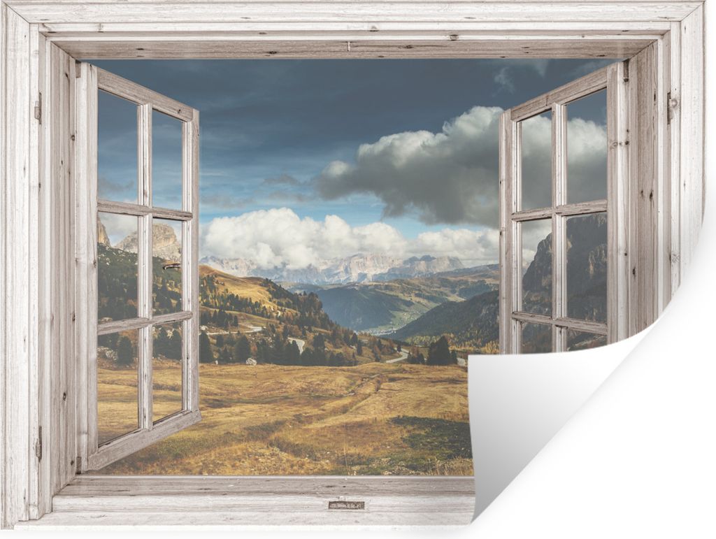 MuchoWow Wandtattoo Wandsticker Wandaufkleber Holz - Aussicht - Berg 120x90 cm Selbstklebend und Repositionierbar - Aufkleber