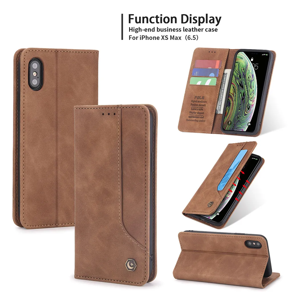 Custodia Business iPhone XS Max: Marrone Cuoio, Portafoglio e Supporto