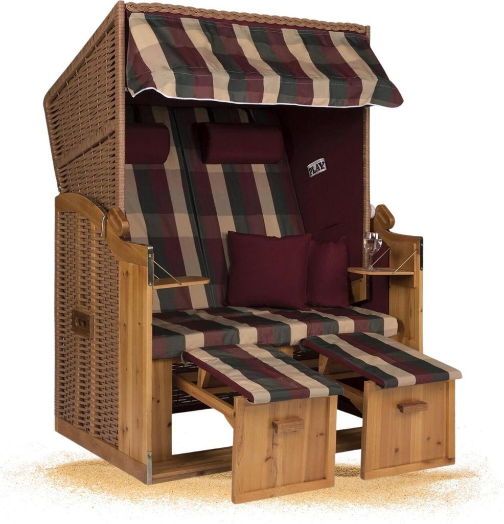 Strandkorb Hanse Ostsee XXL Strandkorb Volllieger 2 Sitzer aufgebaut - 120cm breit - Rot Grün Beige Kariert, ideal für Garten, Terrasse oder Balkon