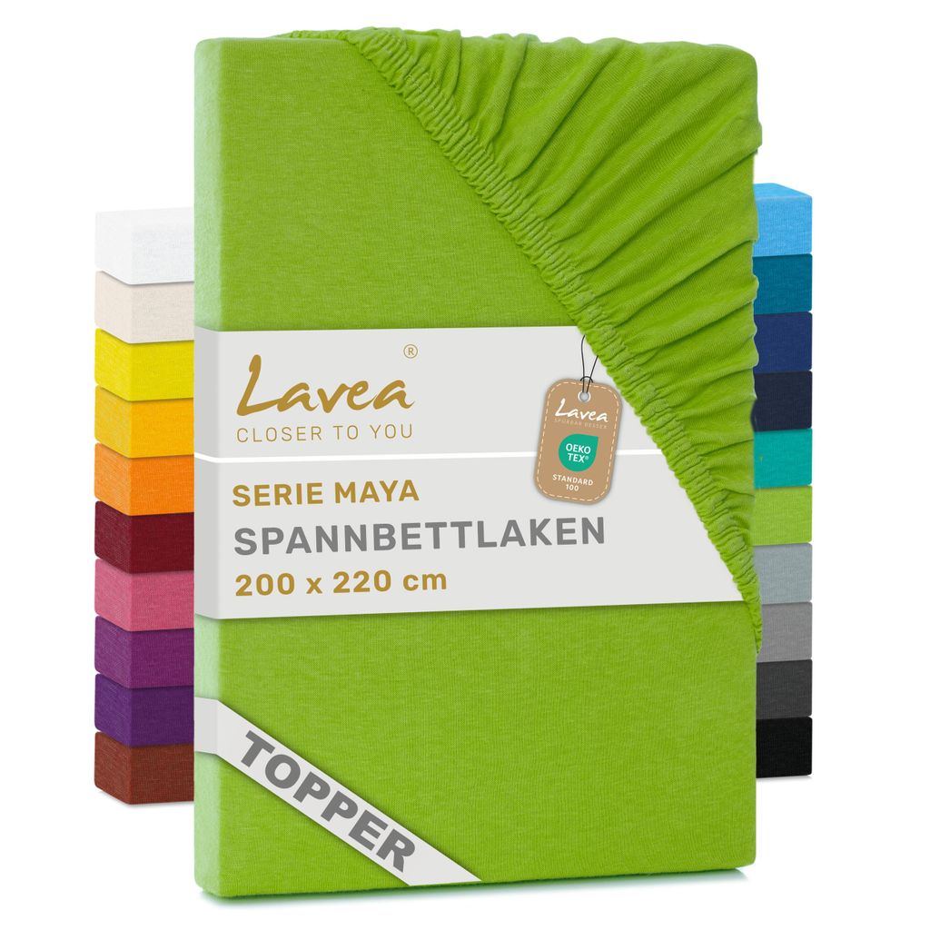 Lavea Topper Spannbettlaken 200x220 cm Maya Jersey, Bettlaken 100% Baumwolle, Bettbezug Matratzen bis 10 cm, Spannbettücher, Apfelgrün