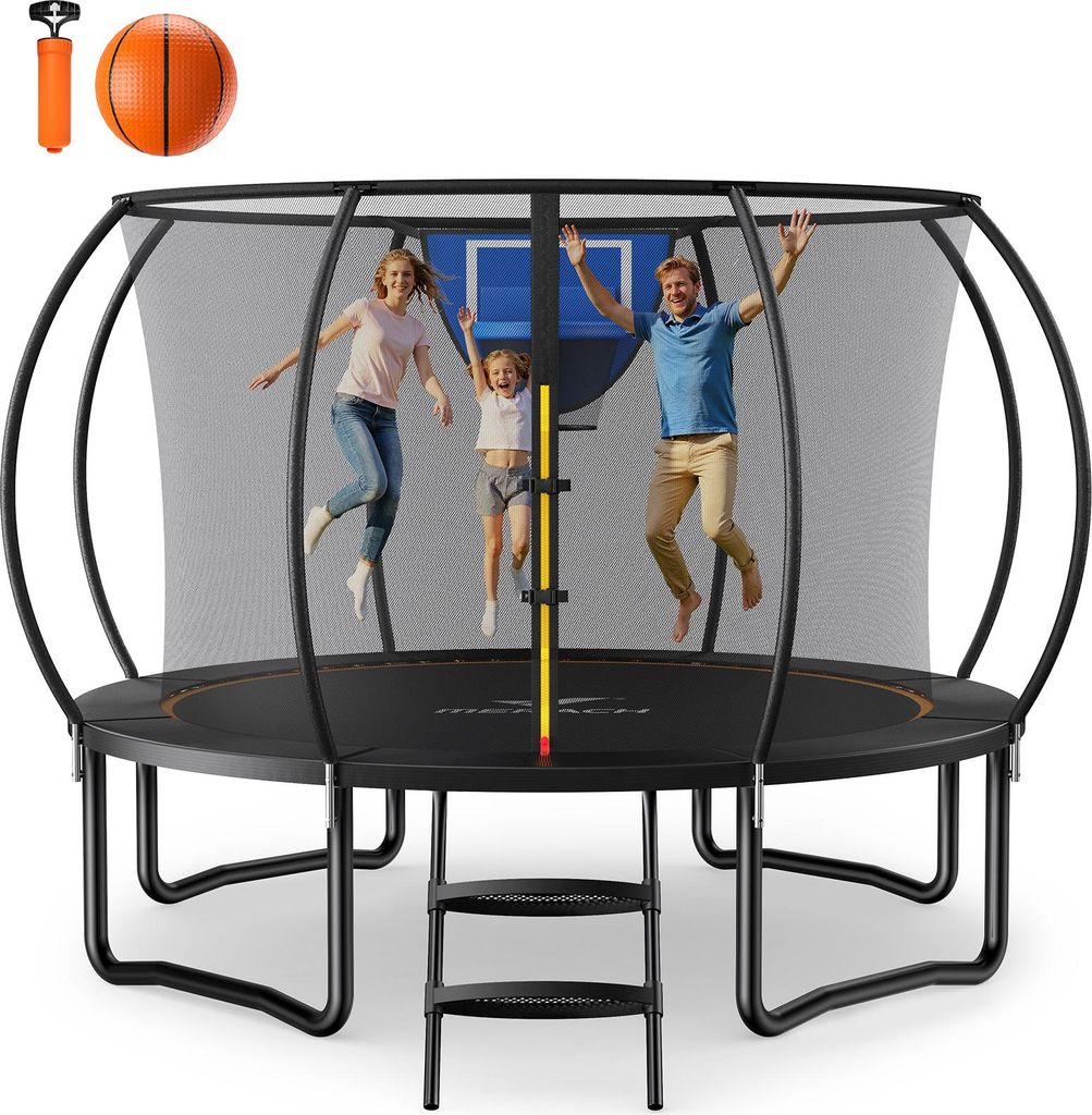 Gartentrampolin Trampolin Ø305, Kindertrampolin, Trampolin Outdoor mit Sicherheitsnetz, Anti-Rutsch-Leiter, Sprungtuch, Basketball-Set, Gewicht 15...