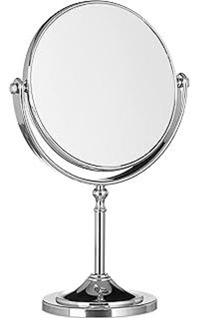 Relaxdays, Freistehend, Kosmetikspiegel Vergrößerung, Schminkspiegel stehend, Make Up Spiegel rund, zweiseitig HBT: 28x18x10cm, silber