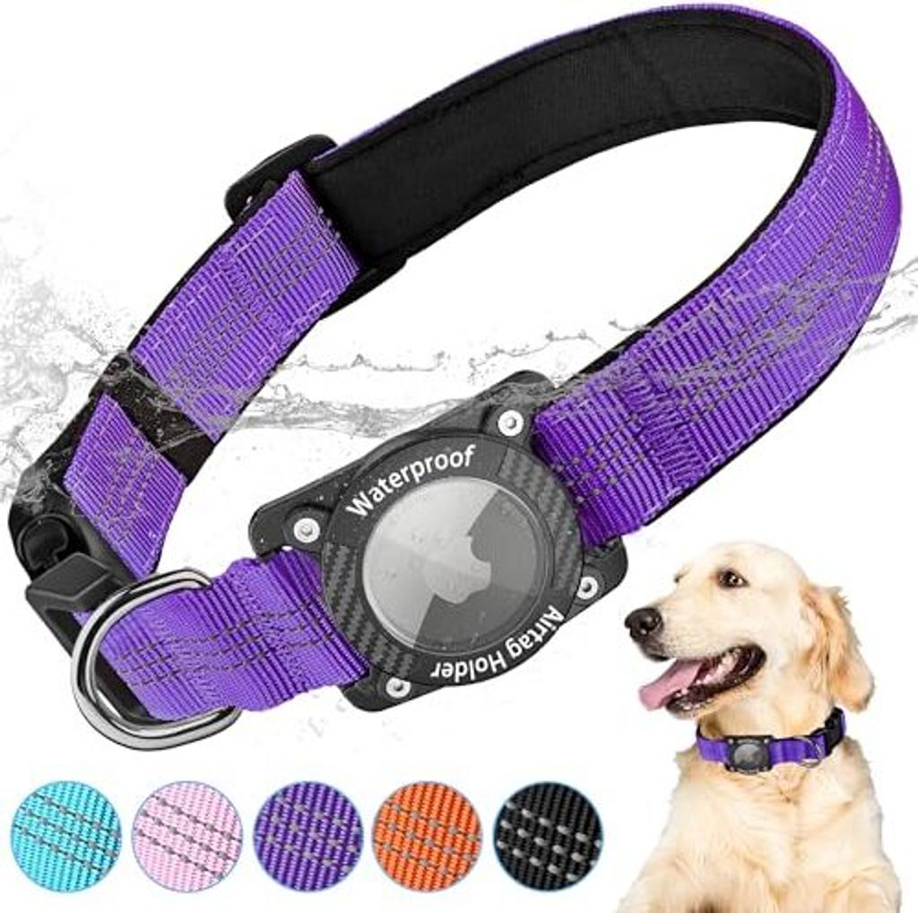 Airtag Hundekragen Gehäuse, wasserdicht, GPS -Tracker -Hunde kompatible Apfelluft -Etikett kleine, mittlere große Hunde, lila, L.