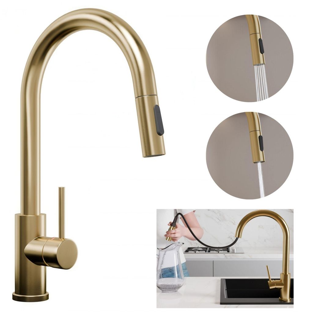 A collage of images showing a gold kitchen faucet, including close-ups of its spray functions and a lifestyle shot of it being used in a kitchen.