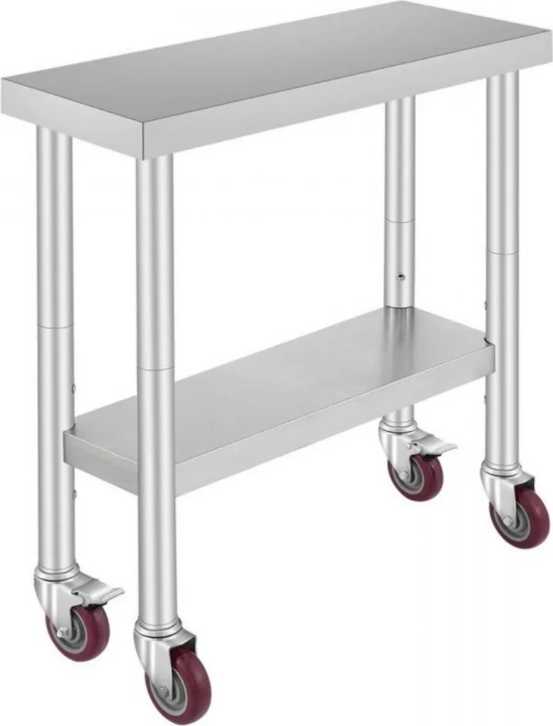 Table d'appoint mobile en inox avec plateau réglable et roulettes robustes