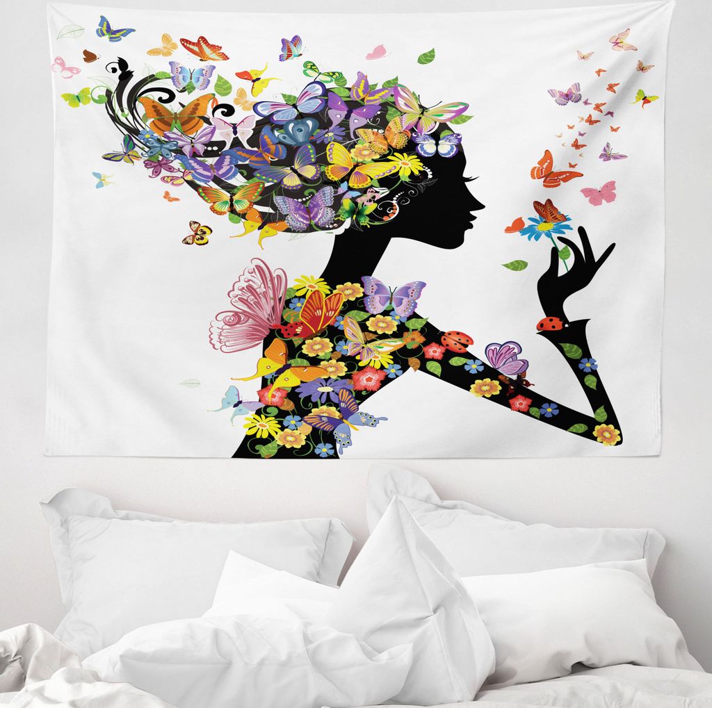 ABAKUHAUS Bunt Wandteppich, Blumen mit Schmetterling aus Weiches Mikrofaser Stoff Waschbar ohne Verblassen Digitaldruck, 150 x 110 cm, Mehrfarbig
