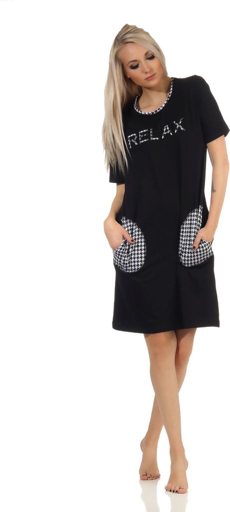 Elegantes Damen kurzarm Nachthemd mit aufgesetzten Taschen – auch in Übergrössen ; schwarz , 36