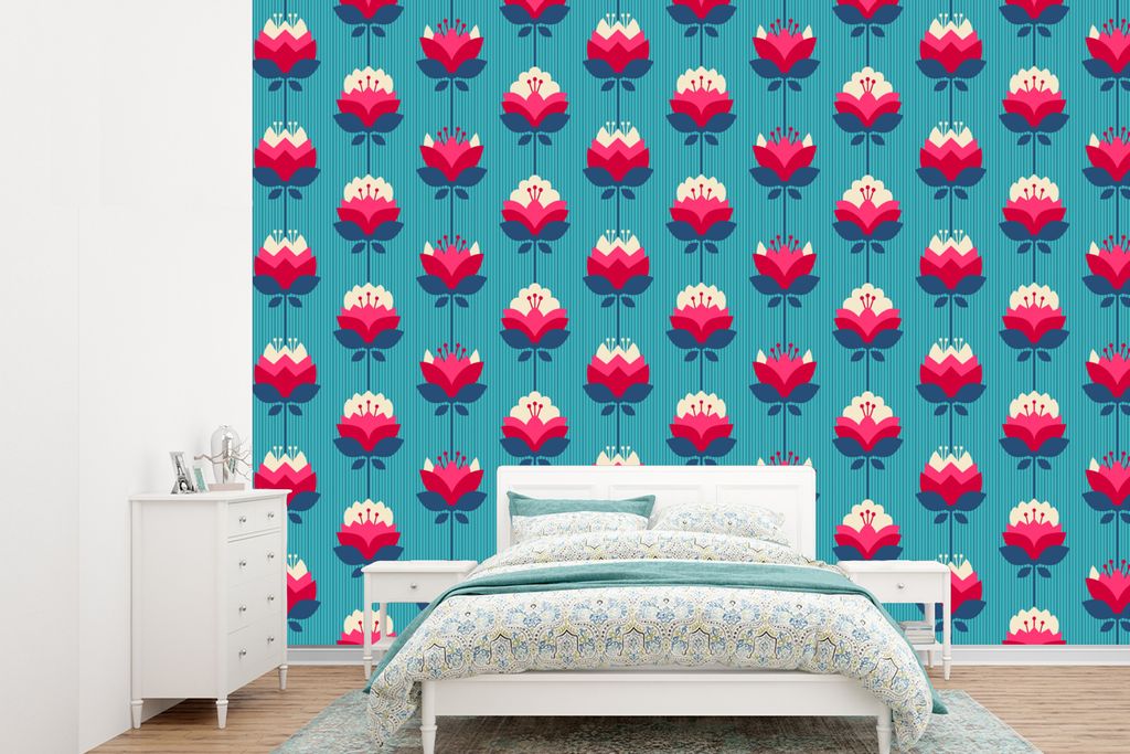 MuchoWow Fototapete für Wohnzimmer oder Schlafzimmer Wandtapete Vinyl Motivtapete Muster - Retro - Lilie - 415x300 cm - Küche