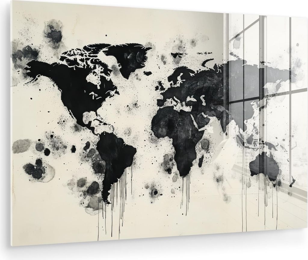 MuchoWow Glasbilder - Bilder auf Wandbild - Foto auf Glas Weltkarte - Schwarz - Tinte 90x60 cm Wanddekoration aus Glas - Acrylglasbild - Acrylbilde...