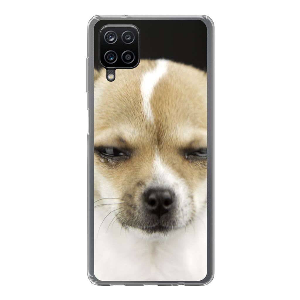 MuchoWow Handyhülle Schutzhülle Hülle für Samsung Galaxy A12 Weinender Hund auf schwarzem Hintergrund Silikon Softcase Handy Hülle
